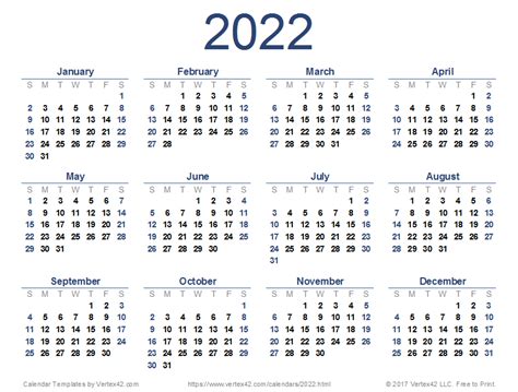 2022 Weekly Calendar Printable PNG