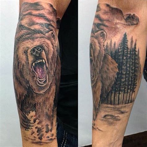 Tatuaje en el antebrazo, oso grande salvaje en el bosque - Tattooimages.biz