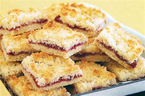 Raspberry jam coconut slice