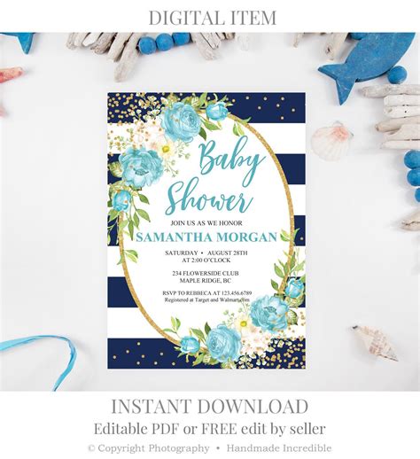 Navy Baby Shower Invitation Template. Printable Girl Tiffany Invitation ...