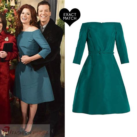 Debra Messing as Grace in teal green off shoulder dress on Will and Grace Christmas 2017 episode ...