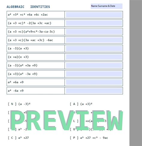 ALGEBRAIC IDENTITIES QUIZ WORKSHEETS | Teaching Resources