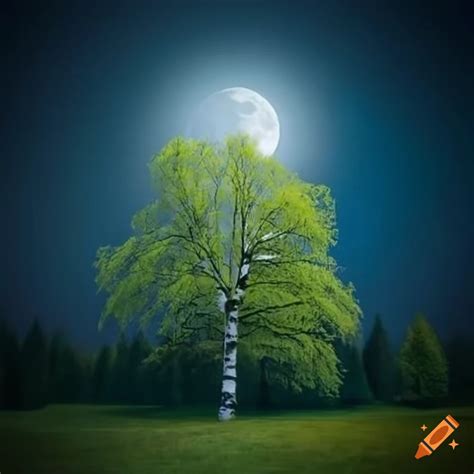 Create a photo of a mighty tall birch tree with a smooth trunk and green leaves under a full ...