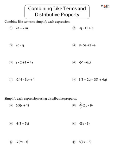 Combining Like Terms and Distributive Property Worksheets with Answer Key