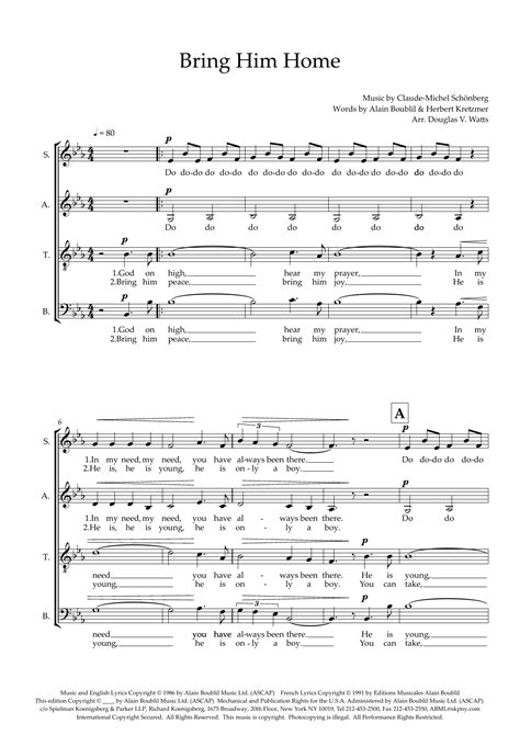 Bring Him Home (arr. Douglas V. Watts) by Boublil & Schonberg Sheet Music for SATB Choir at ...