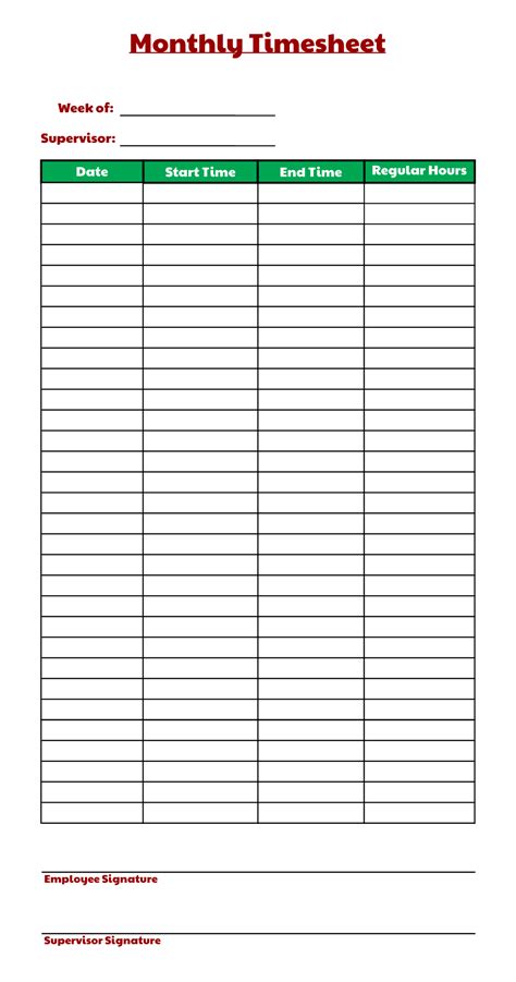 10 Best Printable Monthly Time Sheets | Time sheet printable, Templates printable free ...