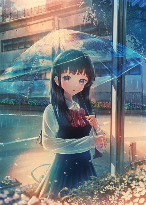 1920x1080px, 1080P free download | Anime school girl, transparent umbrella, raining, flowerbed ...