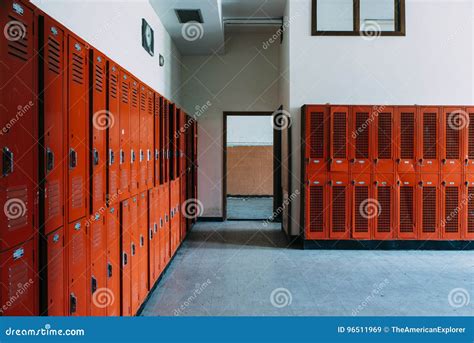 Abandoned School Locker Room with Orange Lockers Stock Image - Image of grey, expedition: 96511969