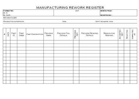 Manufacturing Rework Register Format