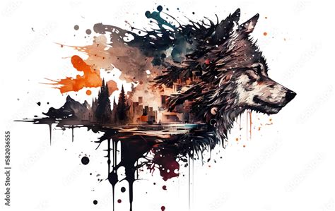 Wolf Silhouette And Forest Landscape Watercolor - Generative AI Stock ...