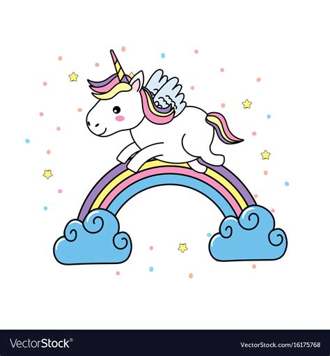 Cute unicorn with wings and rainbow with clouds Vector Image