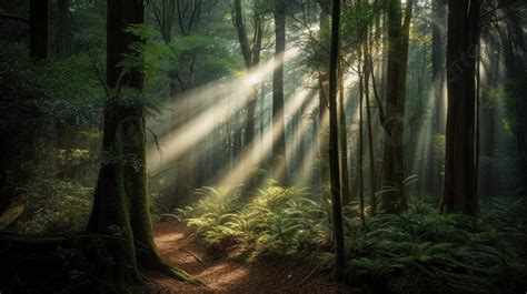 The Sun Rays Are Shining Through Trees In The Forest Background, A ...