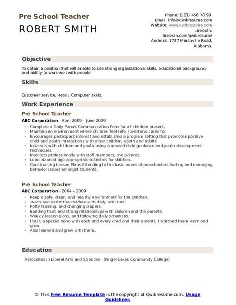 Pre School Teacher Resume Samples | QwikResume