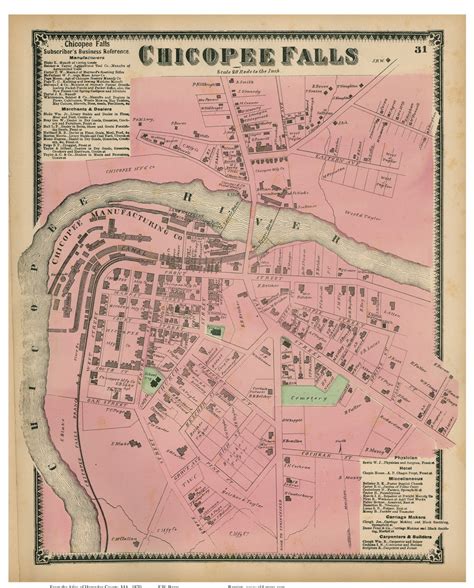 Chicopee Falls, Massachusetts 1870 Old Town Map Reprint - Hampden Co. - OLD MAPS