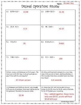 Decimal Operations Review Worksheet Freebie - Add, Subtract, Multiply, Divide