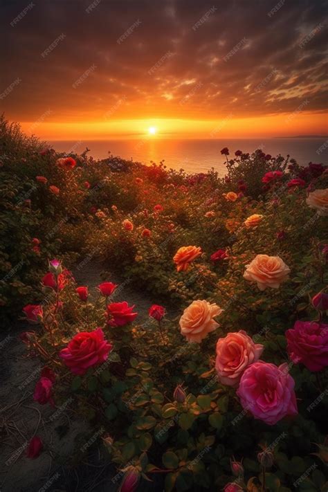 Premium AI Image | A sunset with a field of roses in front of it.