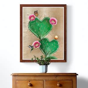 Corazones Espinados Art Print, Nopal Art, Heart Shaped Nopal Painting, Cactus Hummingbird Heart ...