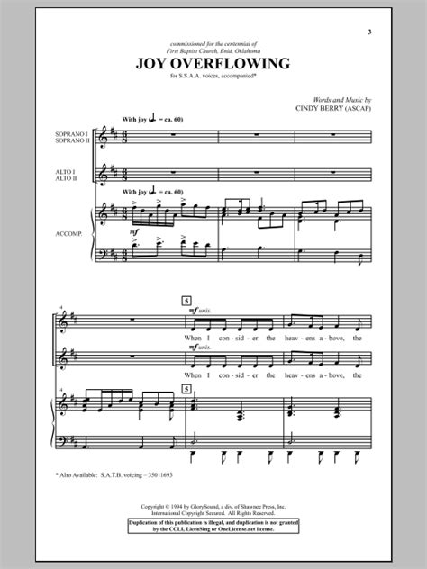 Download Cindy Berry Joy Overflowing sheet music notes that was written ...