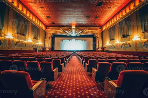 An atmospheric setting of an old - fashioned movie theater. The dimly lit auditorium, adorned ...