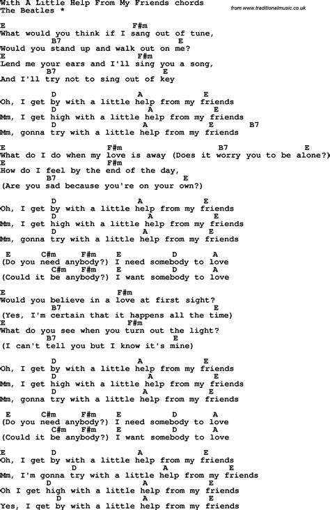 Song lyrics with guitar chords for With A Little Help From My Friends