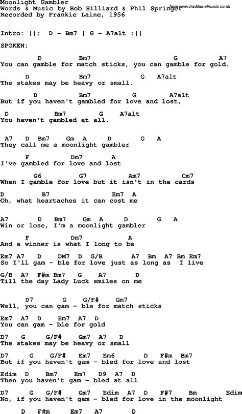 Song lyrics with guitar chords for Moonlight Gambler - Frankie Laine, 1956