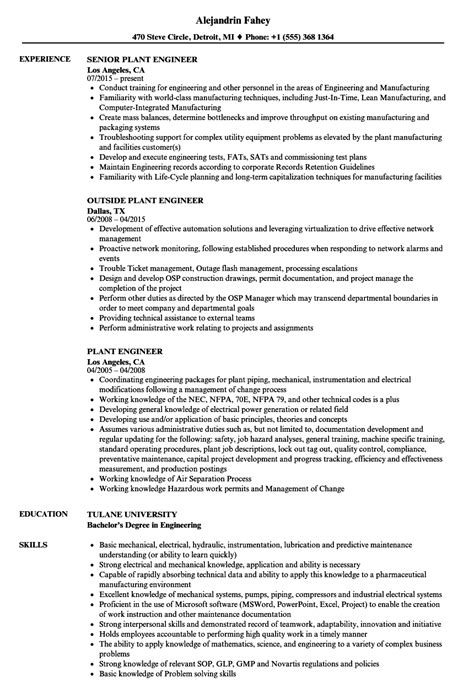 Plant Engineer Resume Samples | Velvet Jobs