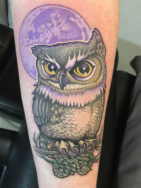 Great horned owl with purple moon; by artist Adam Strong at Totem Tattoo in Grand Junction CO ...