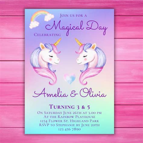 Joint Unicorn Sisters Twin Siblings Birthday Party Invitation | Zazzle