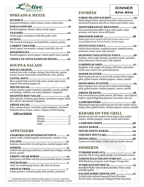 L'Olive Restaurant menu in Venice, Florida, USA