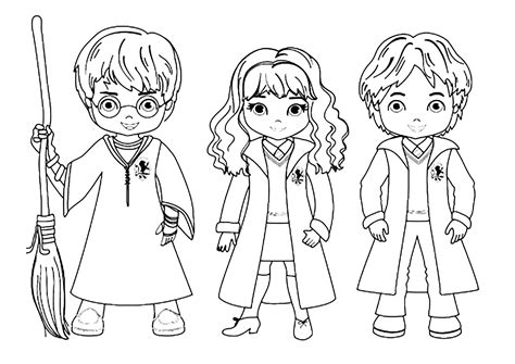 Harry, Ron and Hermione, drawn in Kawaii style - Harry Potter Kids Coloring Pages