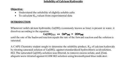 Solved Solubility of Calcium Hydroxide Objective: • | Chegg.com