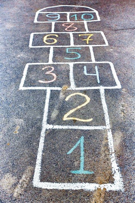 Closeup of hopscotch drawn with chalk on asphalt road. Children — Stock Photo © ArtSvetlana ...