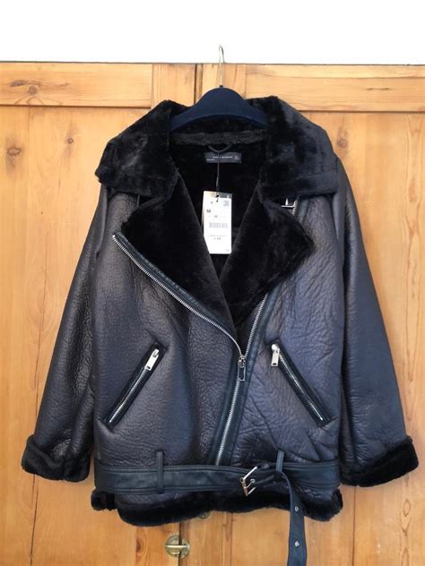 ZARA Women’s Black Aviator Coat Leather look Jacket with fur lining and buckle belt | in ...