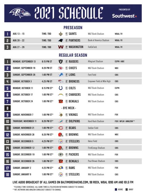 2021 Ravens Schedule | PDF | National Football League | American Football