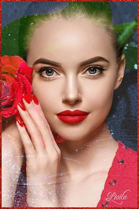 a woman with green hair and red lipstick holding a flower in front of ...