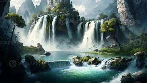 Waterfall Landscape Painting in Nature Background - 21989141 Stock ...