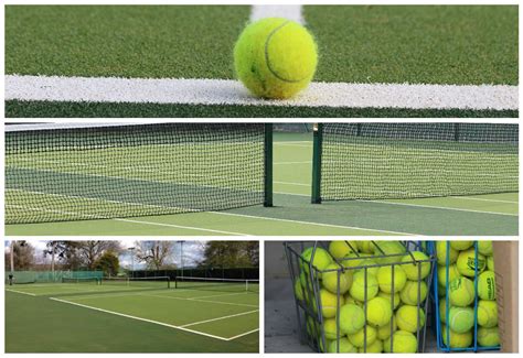 collage of tennis images including tennis balls, synthetic turf courts and nets