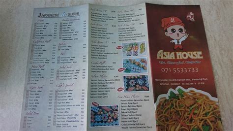 Menu at Asia House restaurant, Vanderbijlpark