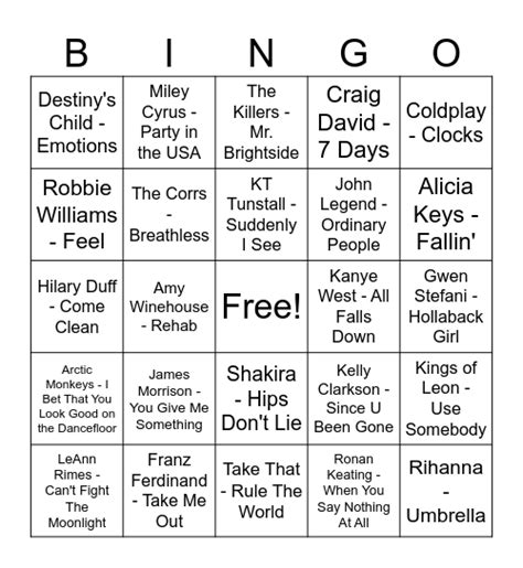 00s Music Hits! Bingo Card