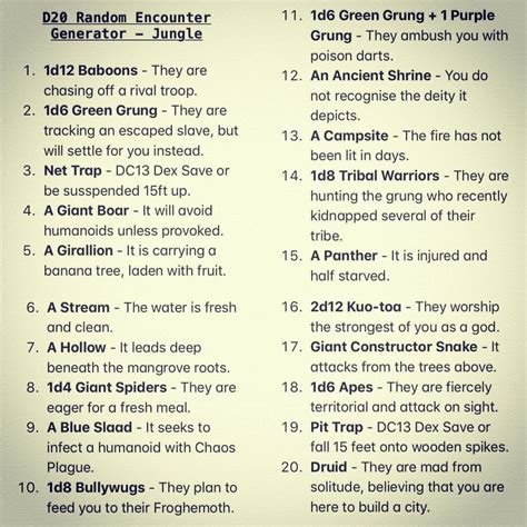 𝕭𝖆𝖗𝖉𝖎𝖈 𝕿𝖆𝖑𝖊𝖘 on Instagram: “D20 Random Encounter Generator - PT. 9 - Jungle . . . As requeste ...