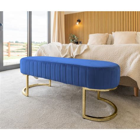 RUSSELL BLUE VELVET BENCH WITH CHROMING LEGS | Tudor Furniture