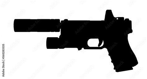 Silhouette image of pistol handgun with flashlight, suppressor and red ...