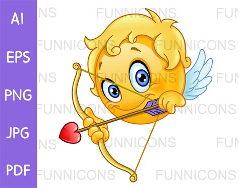 Happy Cupid Emoji with Bow and Arrow, Vector clipart stock image.