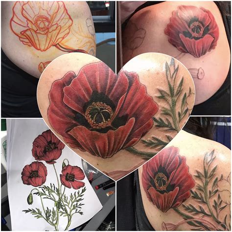 Red Poppy tattoo back of shoulder tattoo floral tattoo | Shoulder tattoo, Tattoos, Back of ...