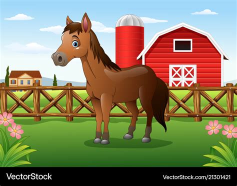 Cartoon brown horse in farm Royalty Free Vector Image