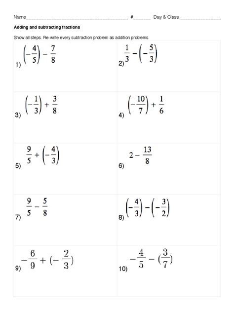 Adding Positive And Negative Fractions Worksheets