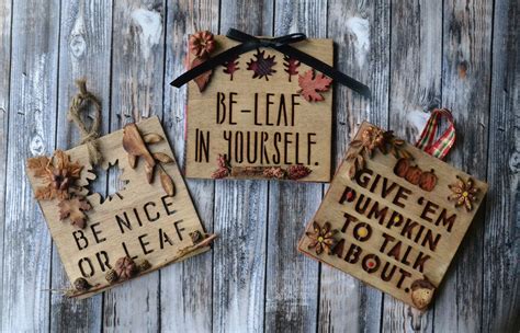 Adorable square wood fall leaf decorations. Cute quotes wall hanging ...