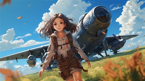 Premium AI Image | Anime lady pilot with an airplane on the background ...