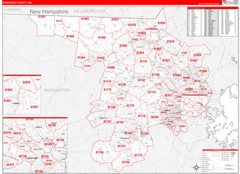 Middlesex County, MA Zip Code Wall Map Red Line Style by MarketMAPS ...