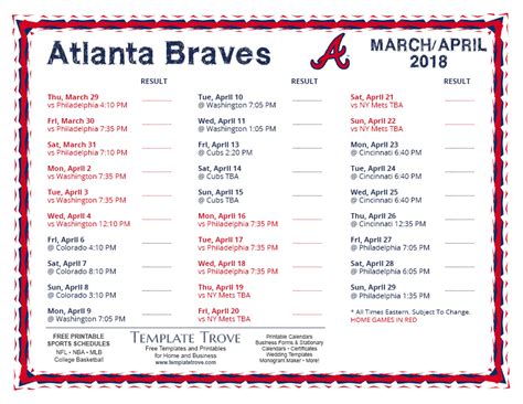 Printable 2018 Atlanta Braves Schedule